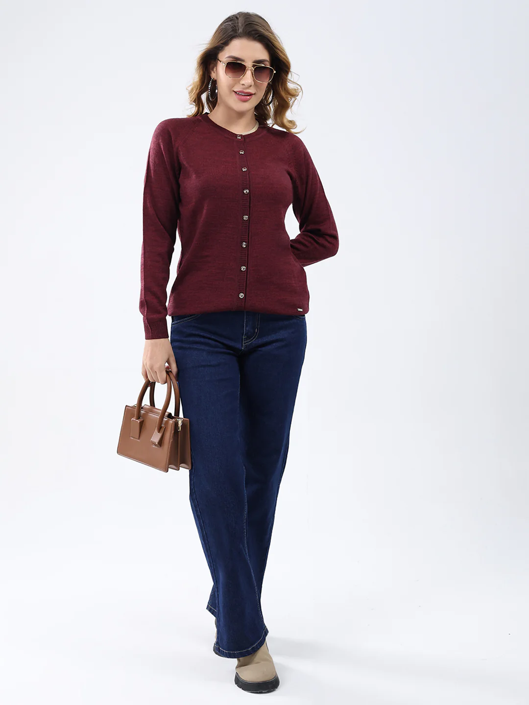 Women Maroon Solid Round Neck Full Sleeve Cardigan - Image 2