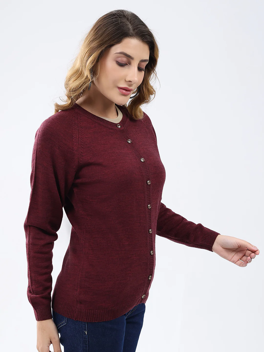 Women Maroon Solid Round Neck Full Sleeve Cardigan - Image 4