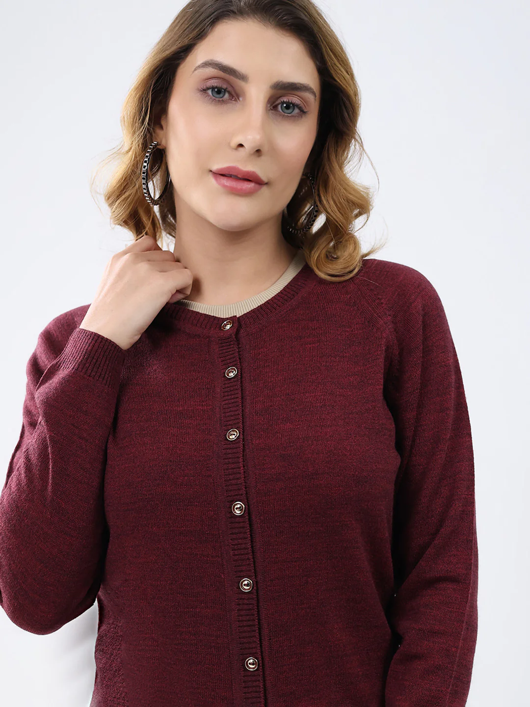 Women Maroon Solid Round Neck Full Sleeve Cardigan - Image 7