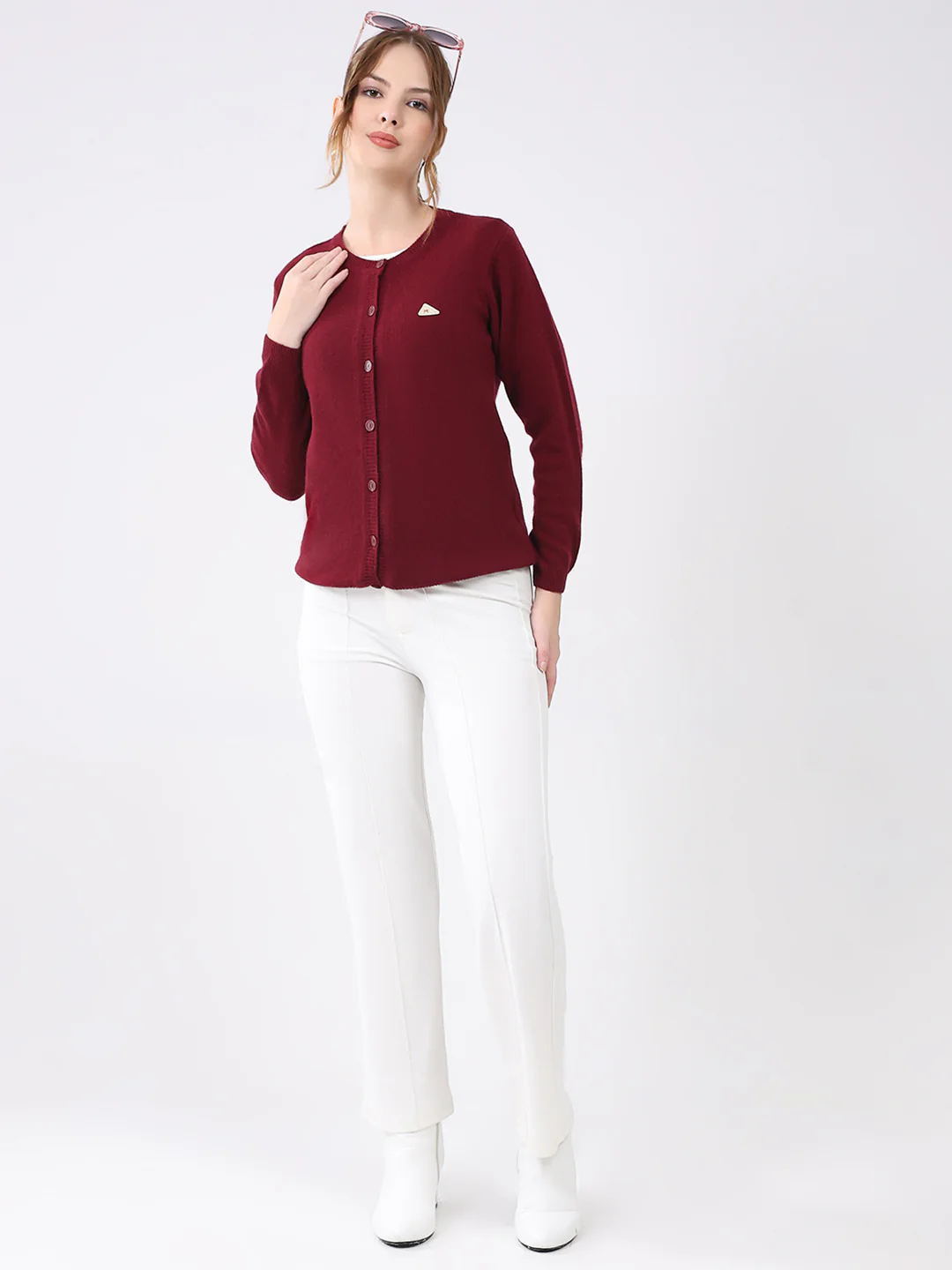 Women Maroon Solid Round Neck Full Sleeve Cardigan - Image 2
