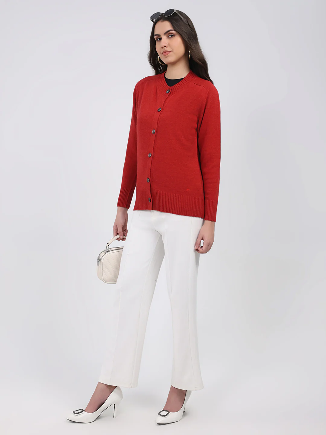 Women Maroon Solid Round Neck Full Sleeve Cardigan - Image 2