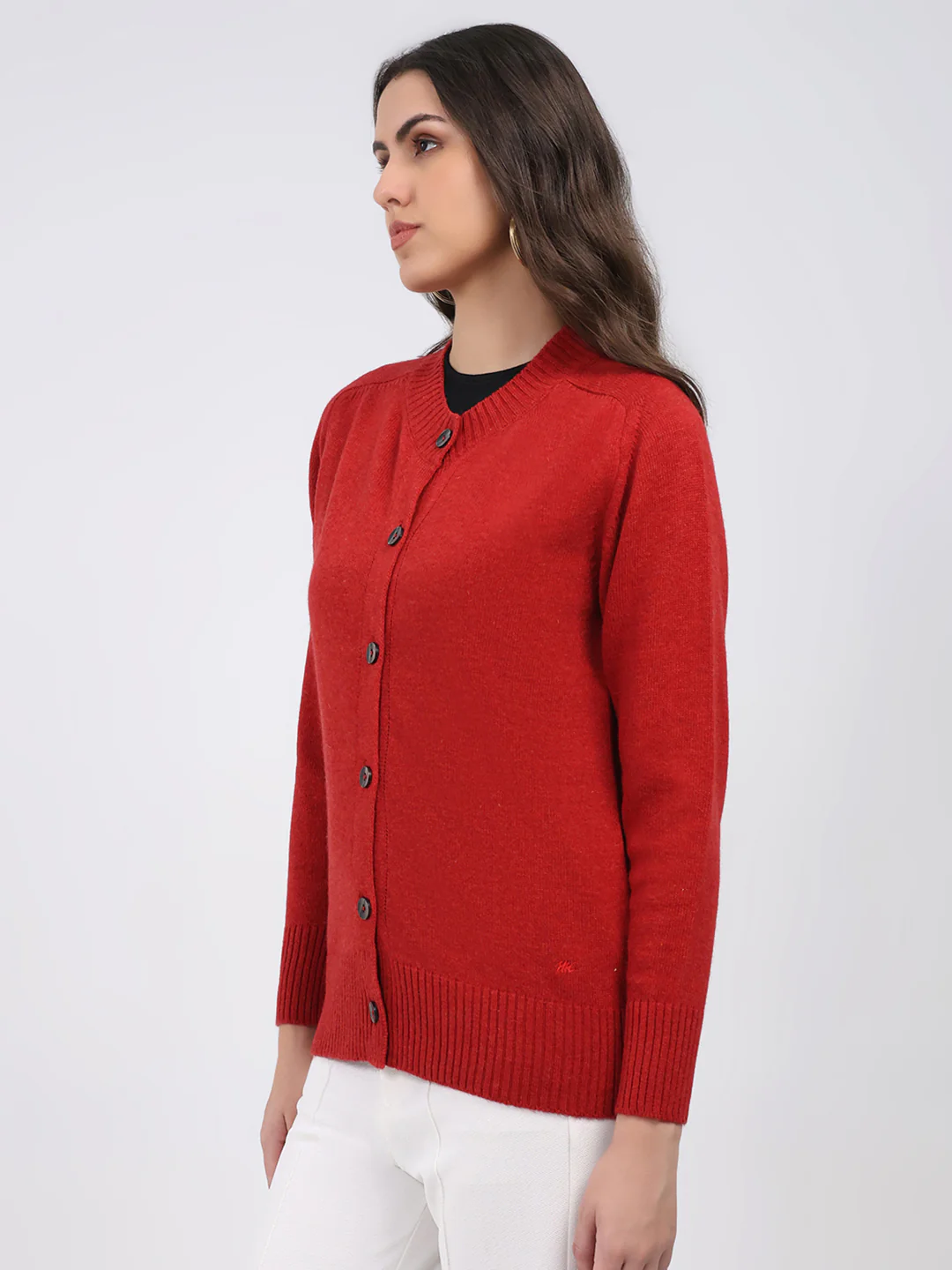 Women Maroon Solid Round Neck Full Sleeve Cardigan - Image 3