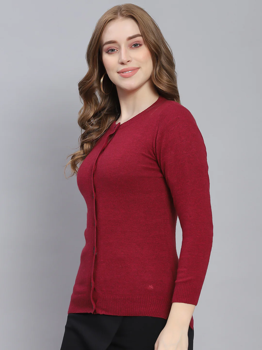 Women Maroon Solid Round Neck Full Sleeve Cardigans - Image 3