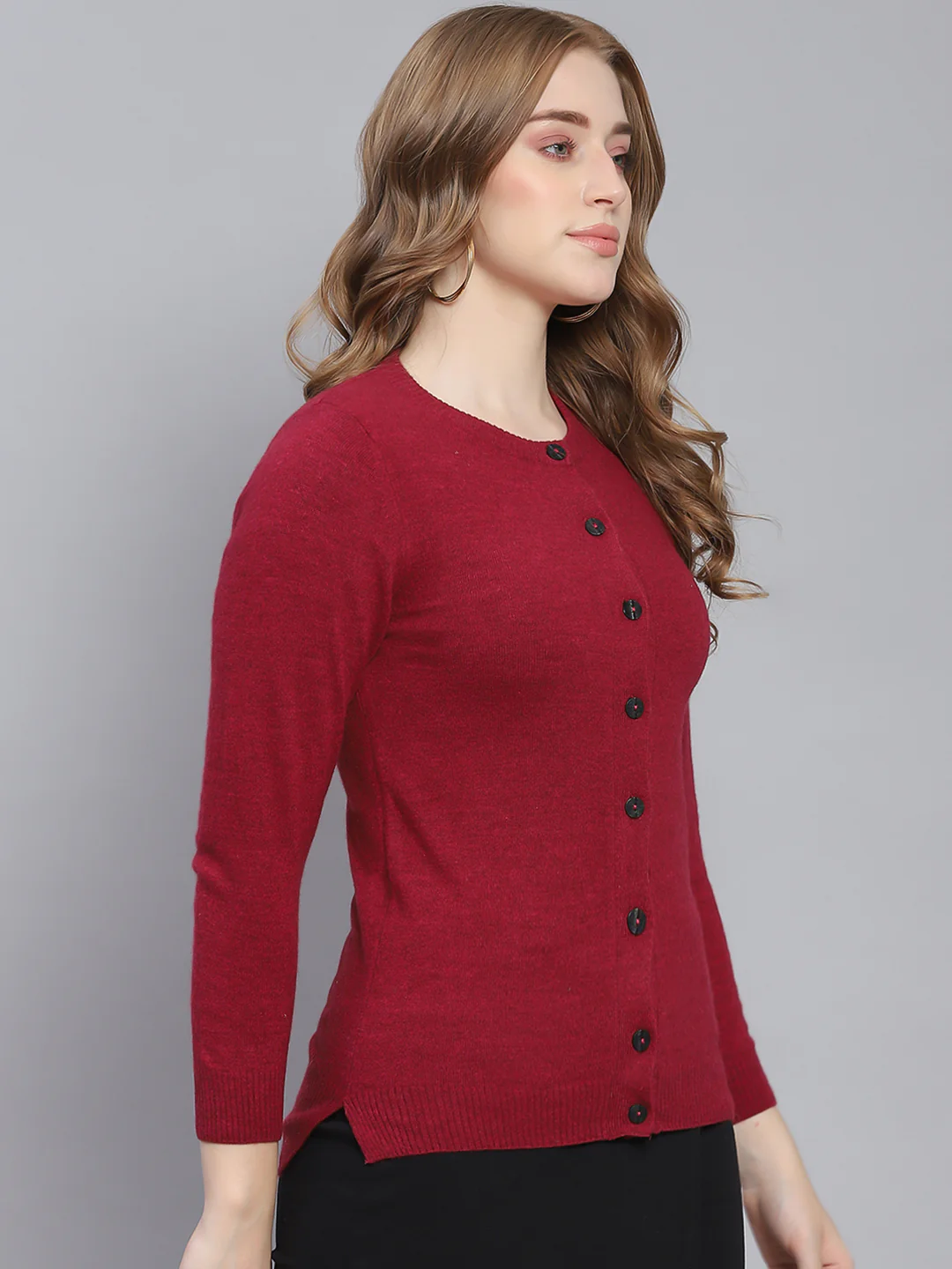 Women Maroon Solid Round Neck Full Sleeve Cardigans - Image 4