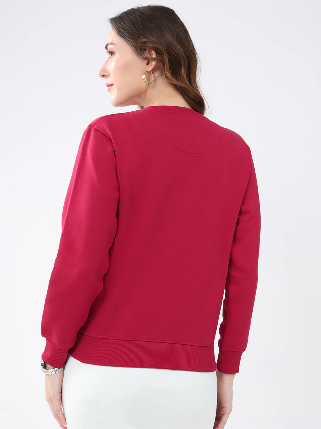 Women Maroon Solid Round Neck Full Sleeve Sweatshirt - Image 5