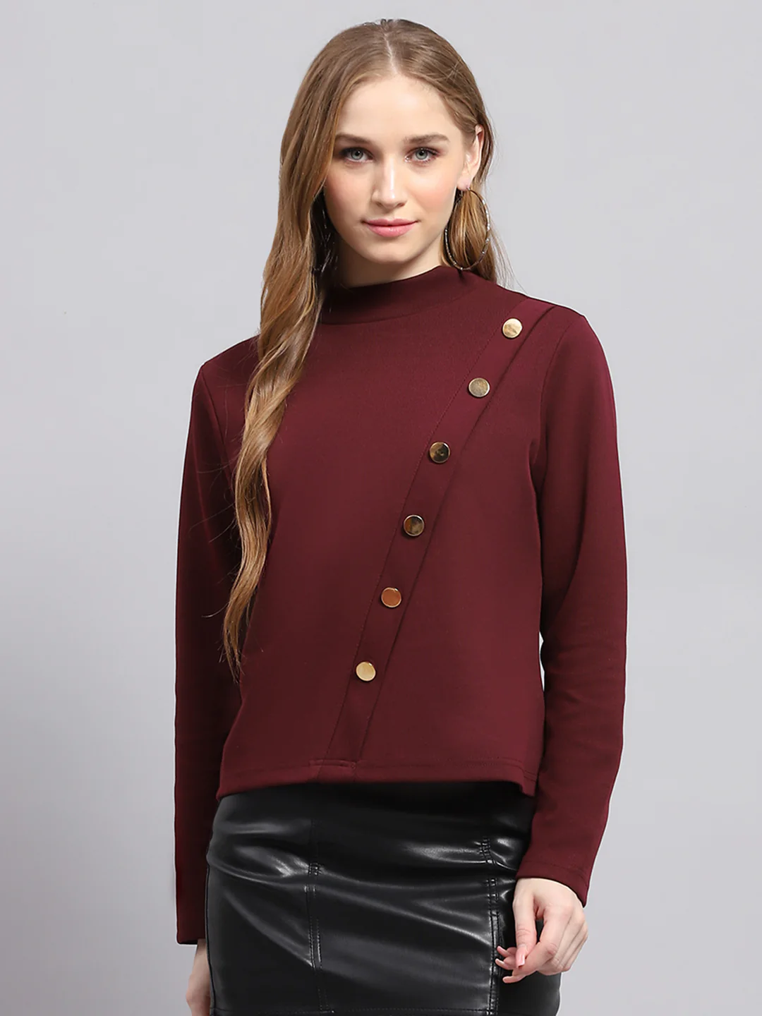 Women Maroon Solid Round Neck Full Sleeve Winter Tops