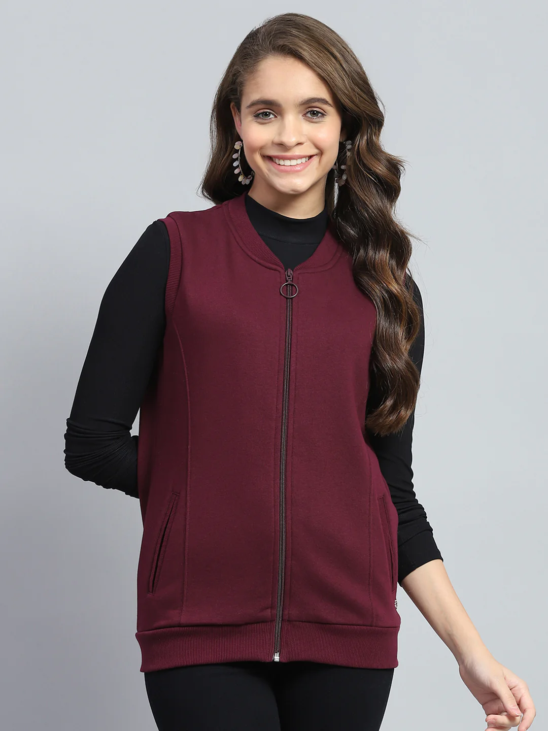Women Maroon Solid Round Neck Sleeveless Sweatshirt - Image 2