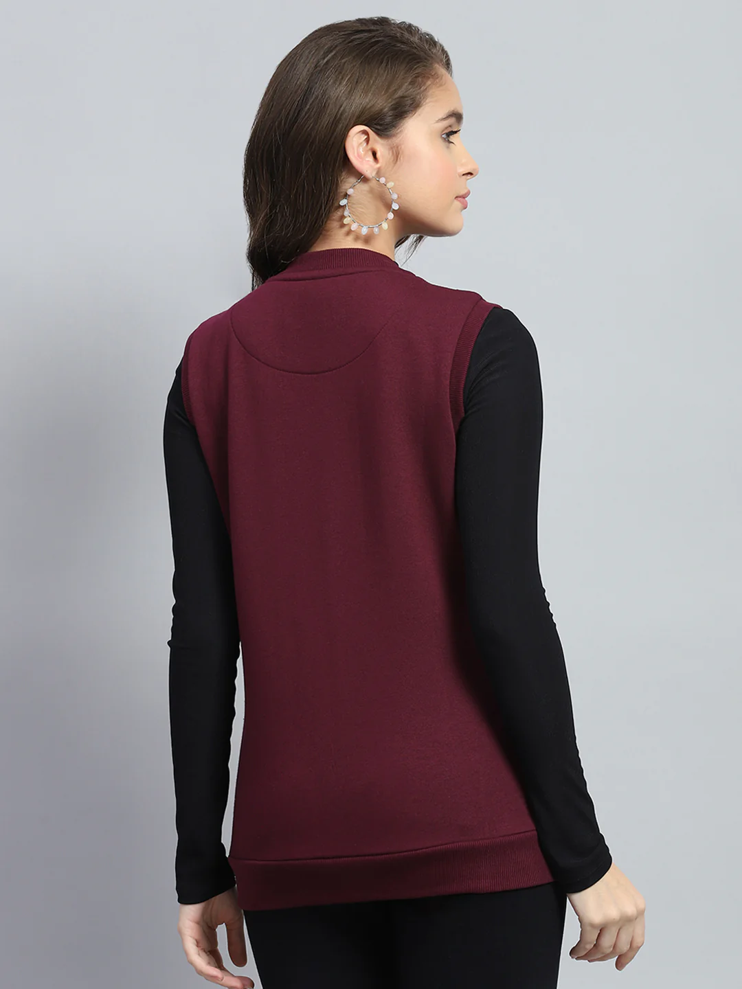 Women Maroon Solid Round Neck Sleeveless Sweatshirt - Image 5