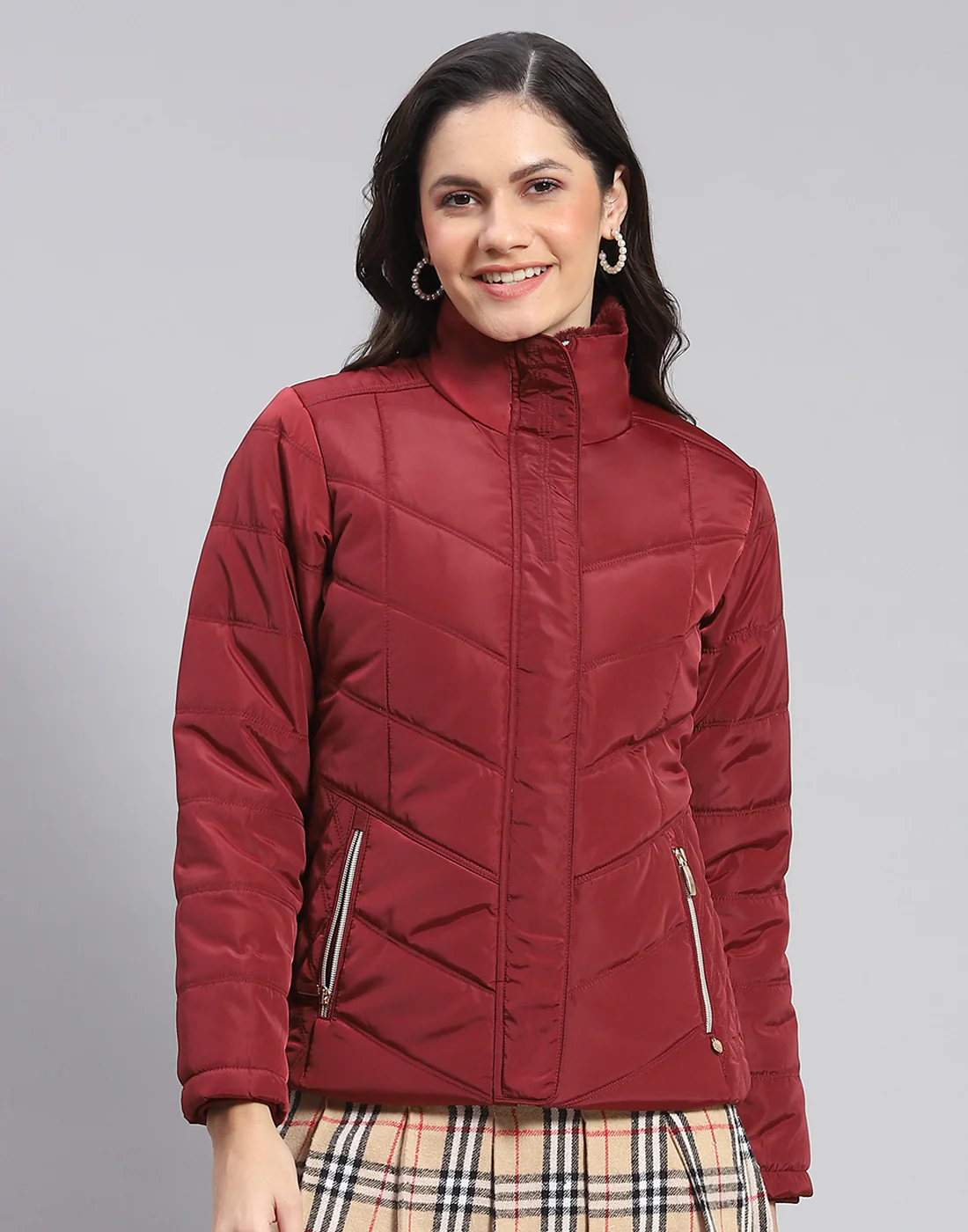 Women Maroon Solid Stand Collar Full Sleeve Jacket - Image 3
