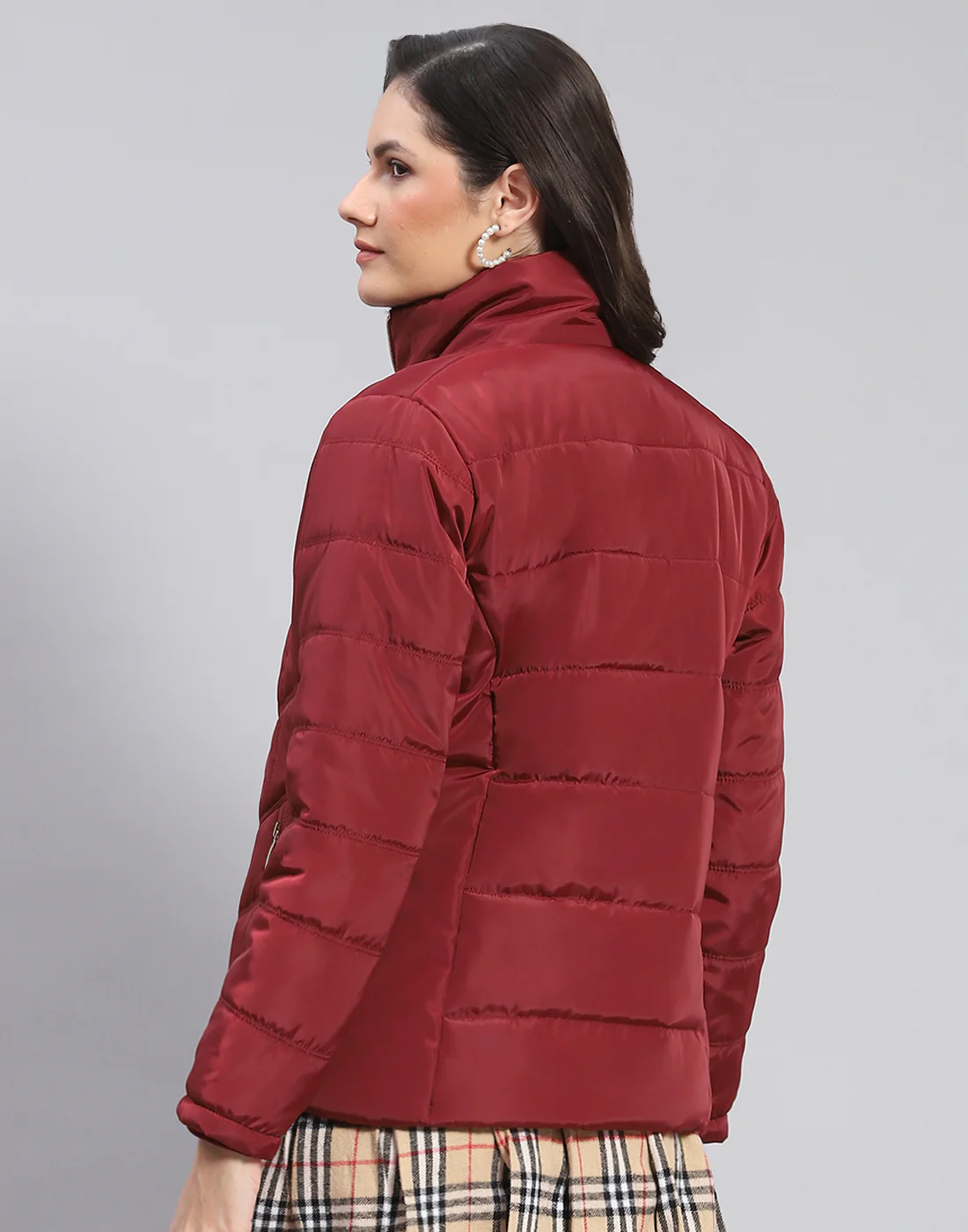 Women Maroon Solid Stand Collar Full Sleeve Jacket - Image 6