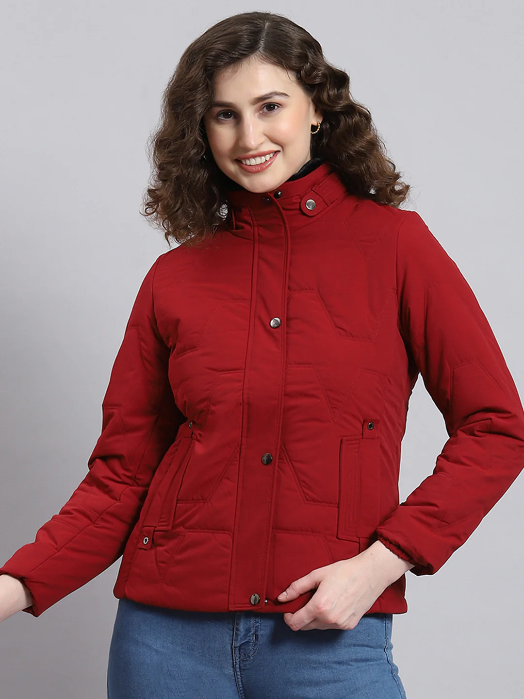 Women Maroon Solid Stand Collar Full Sleeve Jacket - Image 5