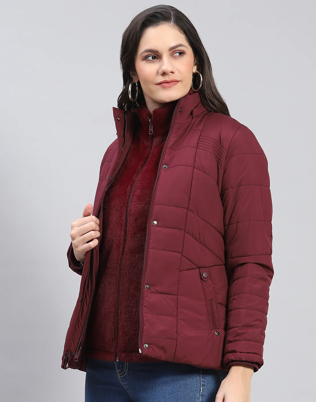 Women Maroon Solid Stand Collar Full Sleeve Jacket - Image 10