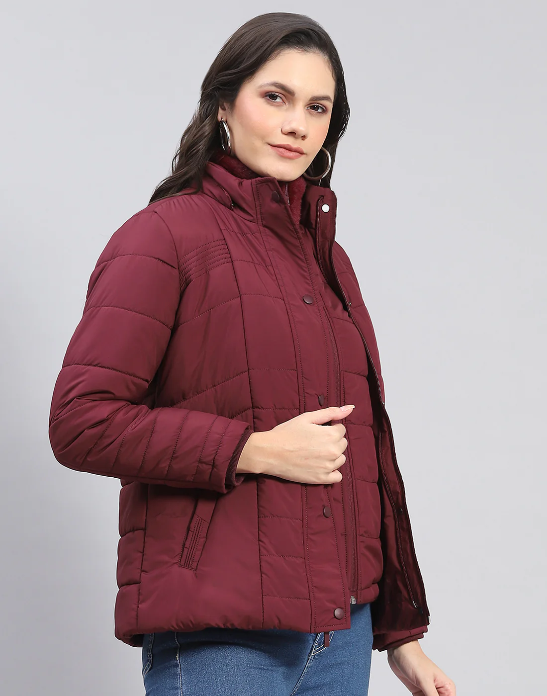Women Maroon Solid Stand Collar Full Sleeve Jacket - Image 11