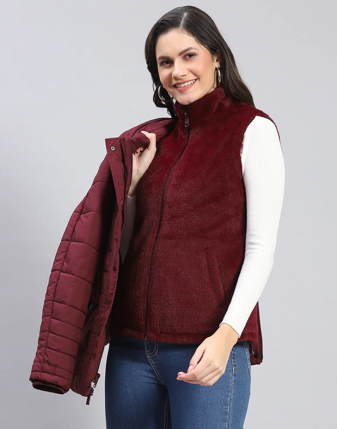 Women Maroon Solid Stand Collar Full Sleeve Jacket - Image 12