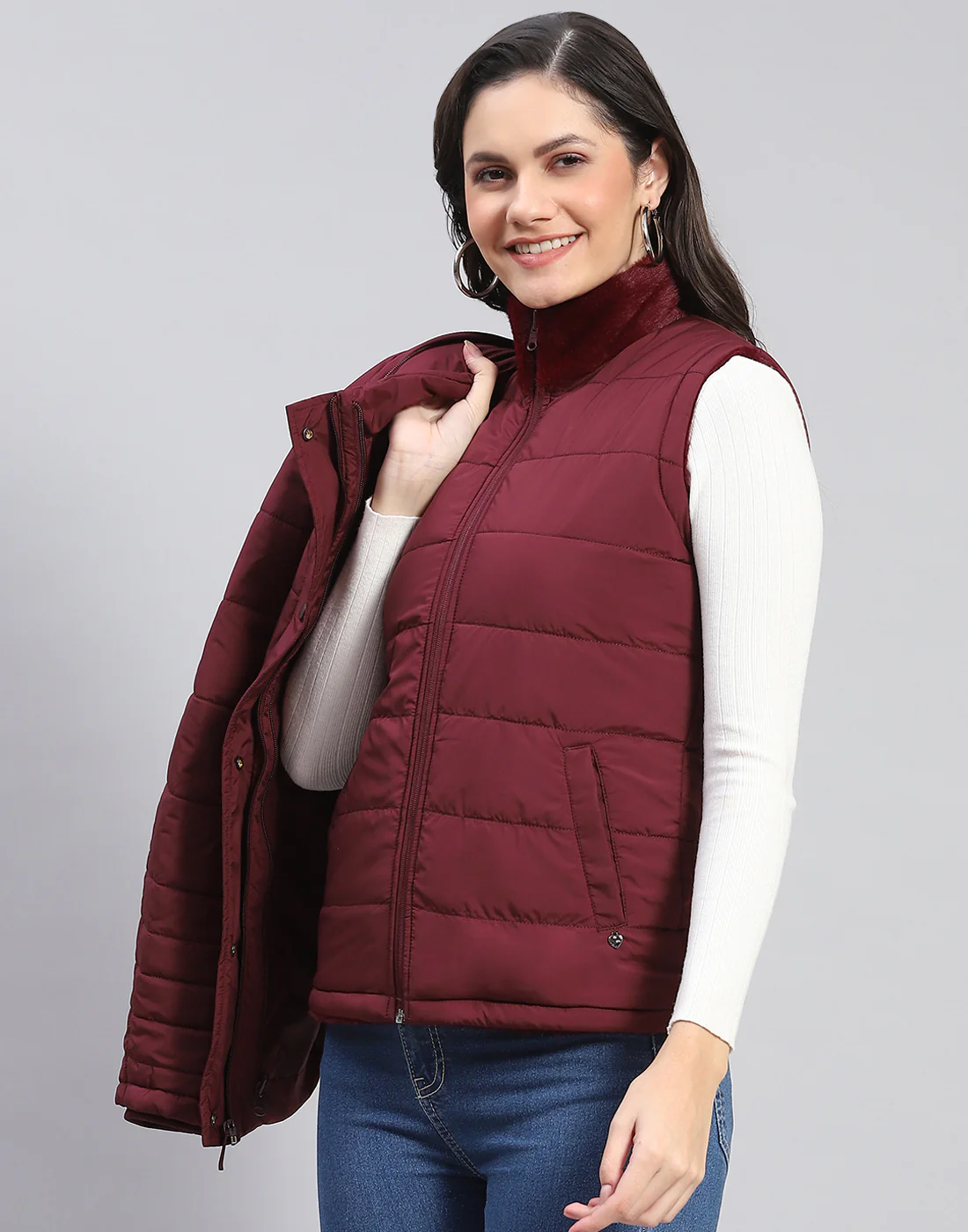 Women Maroon Solid Stand Collar Full Sleeve Jacket - Image 13