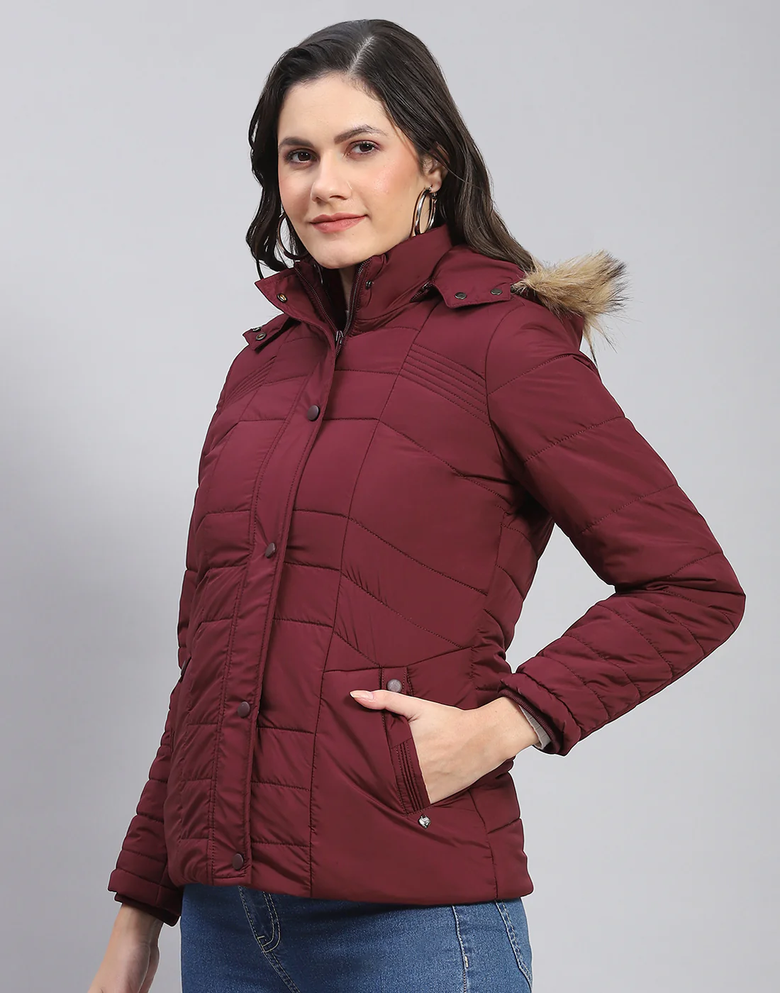Women Maroon Solid Stand Collar Full Sleeve Jacket - Image 3