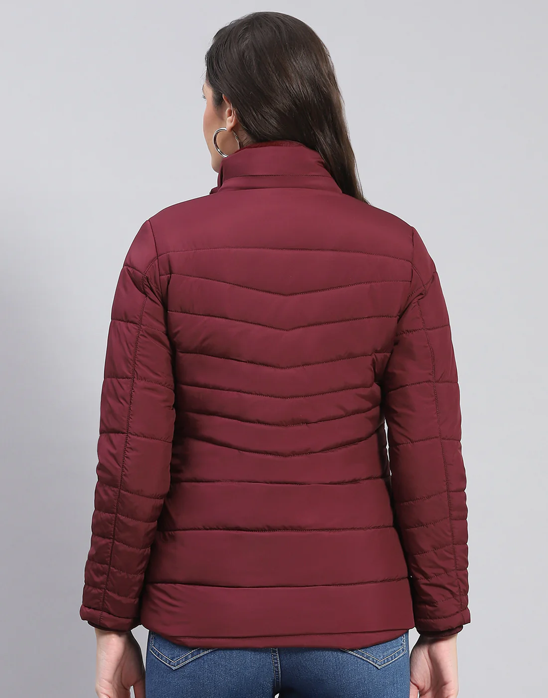 Women Maroon Solid Stand Collar Full Sleeve Jacket - Image 7