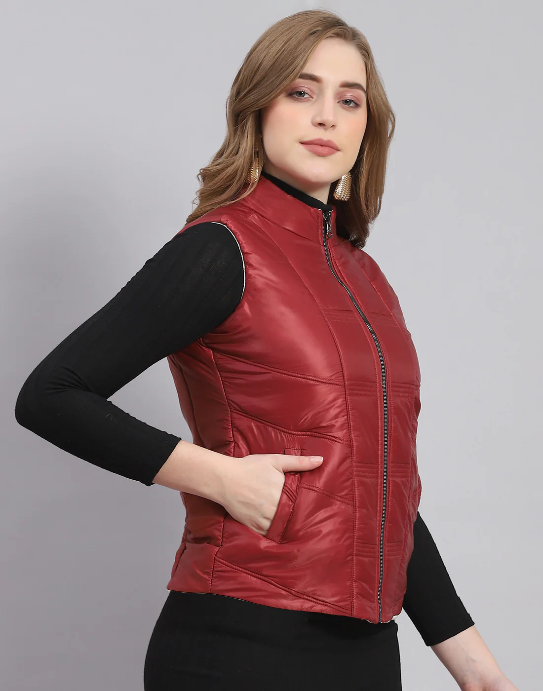 Women Maroon Solid Stand Collar Sleeveless Jacket - Image 5