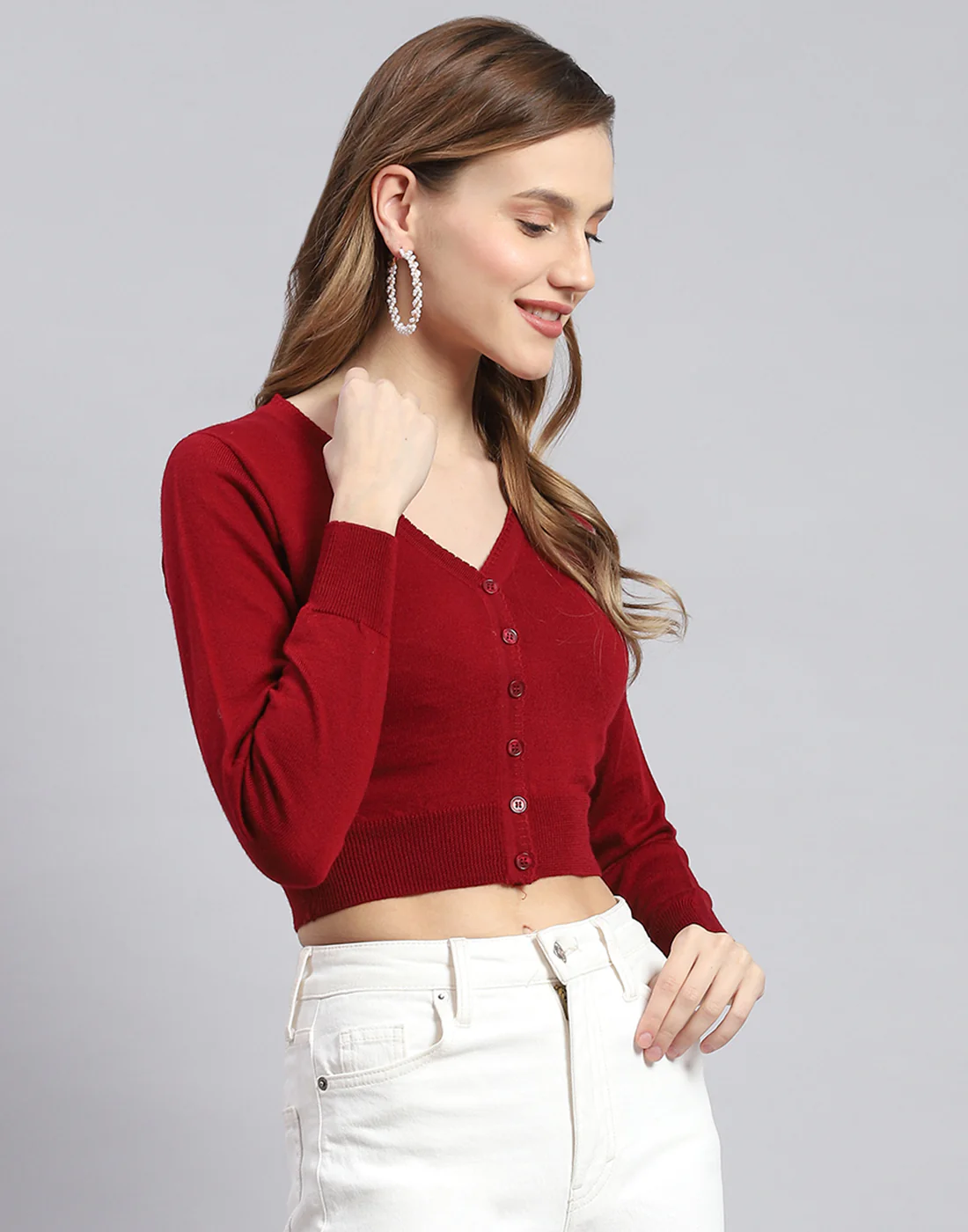 Women Maroon Solid V Neck Full Sleeve Blouse - Image 3