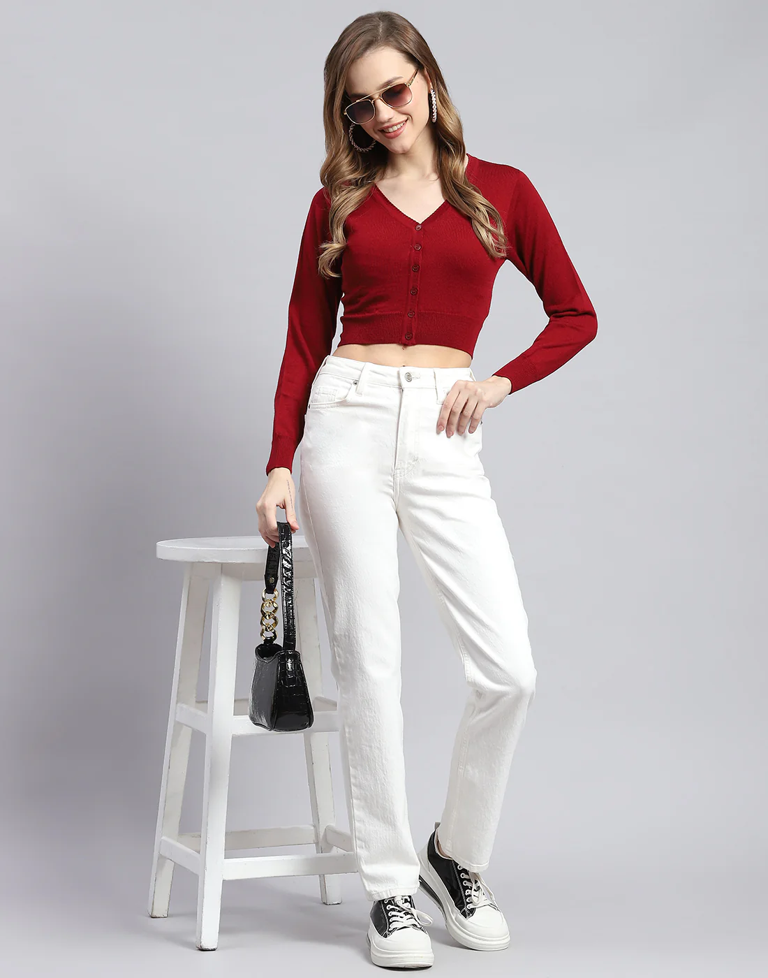 Women Maroon Solid V Neck Full Sleeve Blouse - Image 5