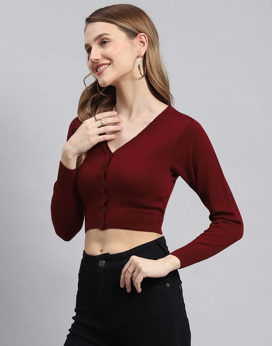 Women Maroon Solid V Neck Full Sleeve Blouse - Image 3