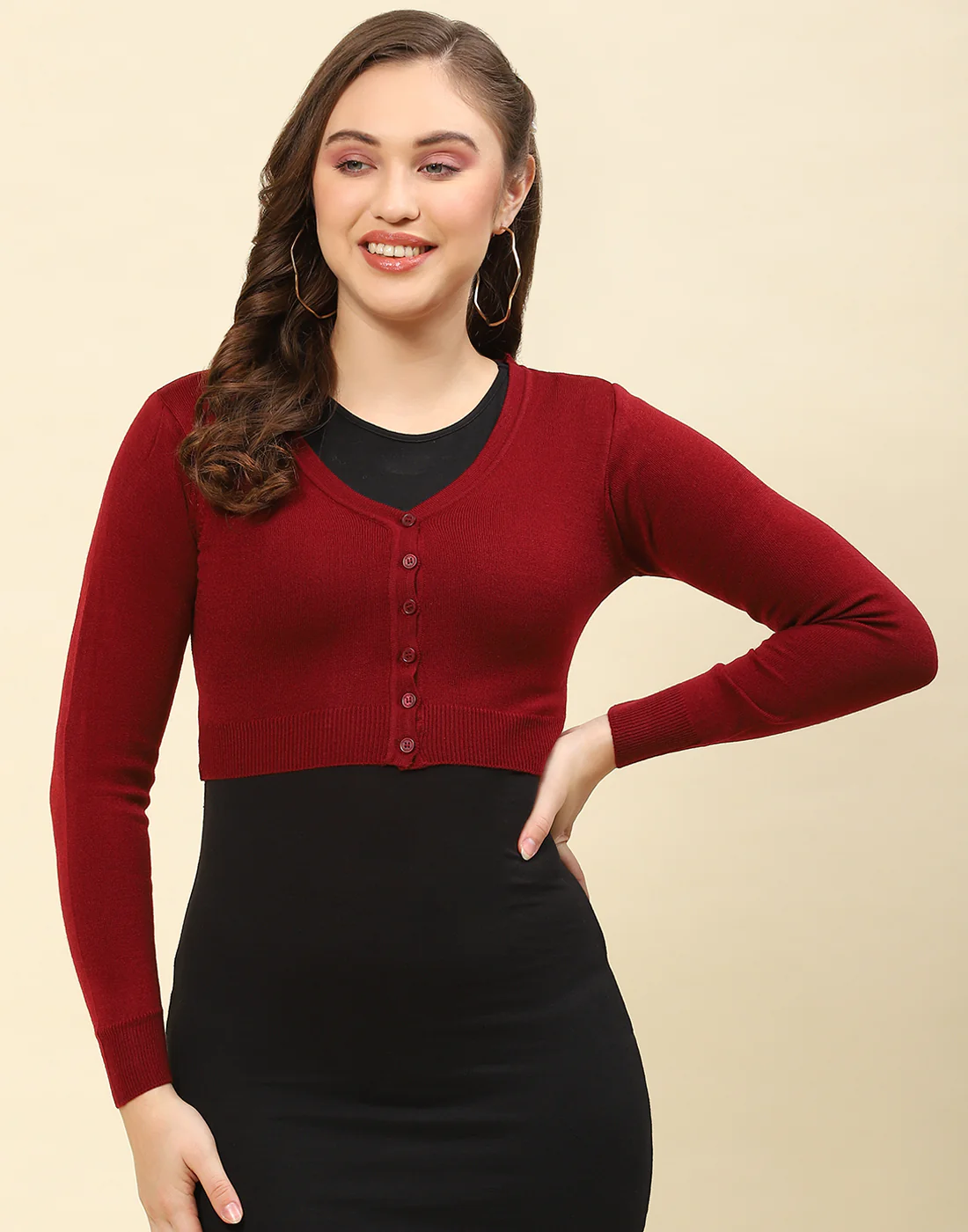 Women Maroon Solid V Neck Full Sleeve Blouse - Image 2