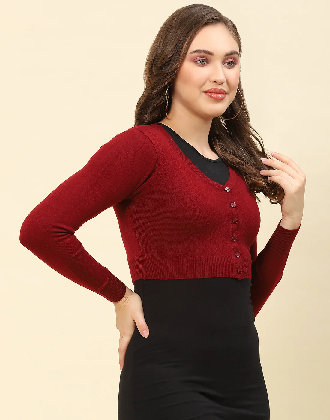 Women Maroon Solid V Neck Full Sleeve Blouse - Image 4