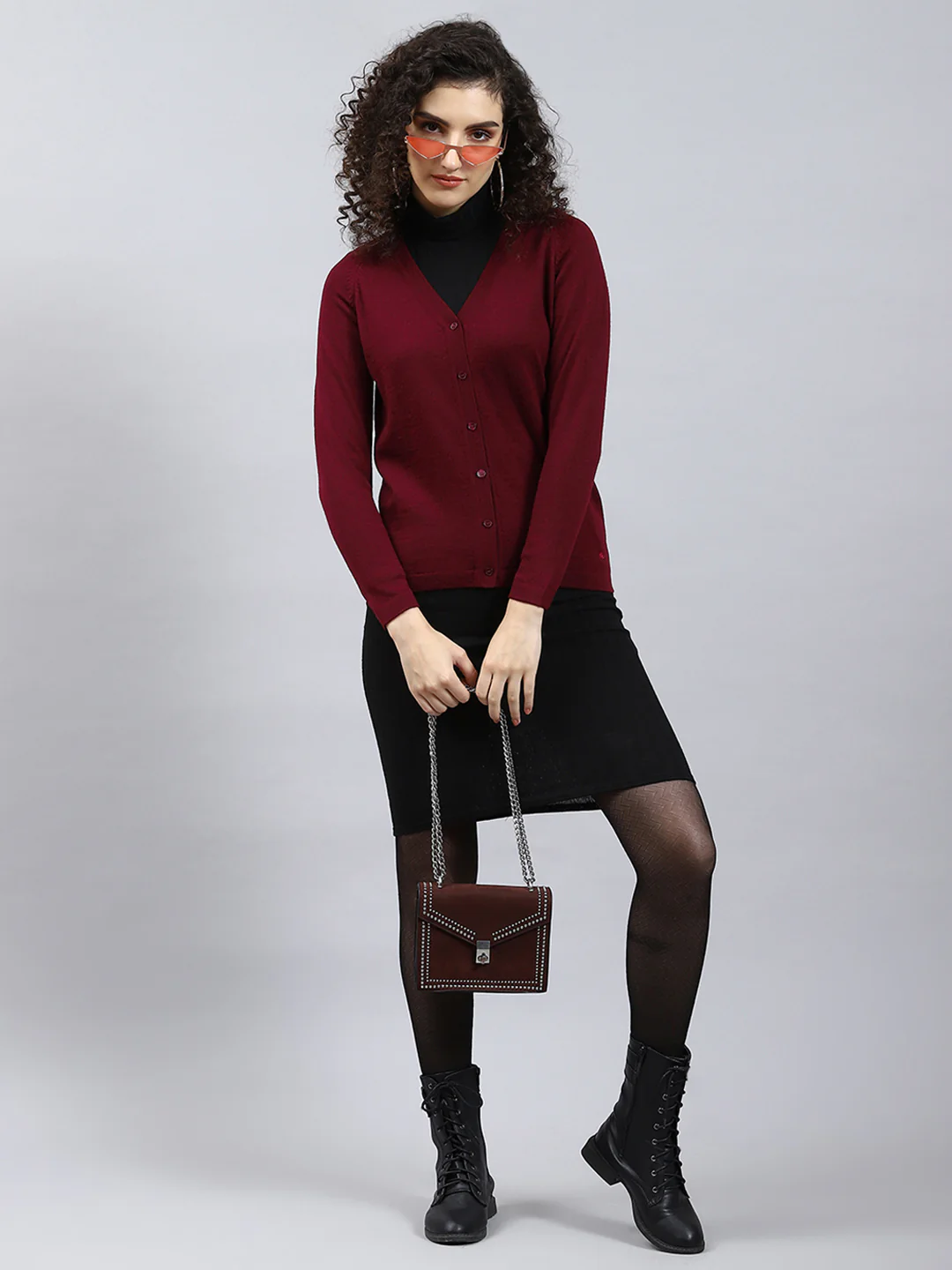 Women Maroon Solid V Neck Full Sleeve Cardigan - Image 2