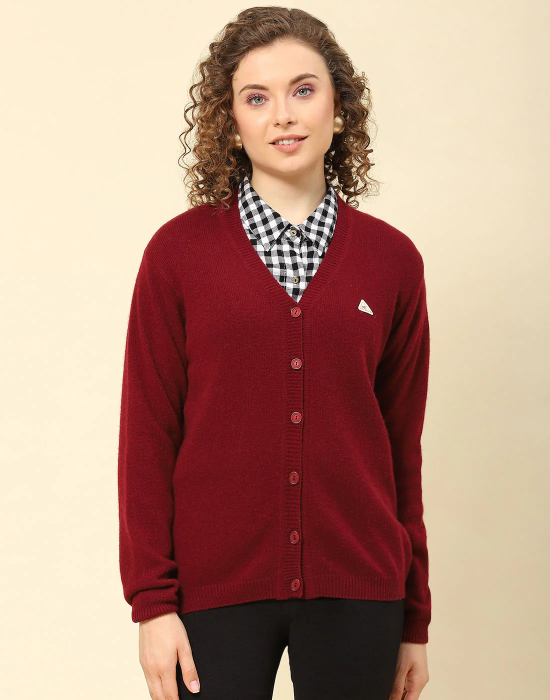 Women Maroon Solid V Neck Full Sleeve Cardigan - Image 3