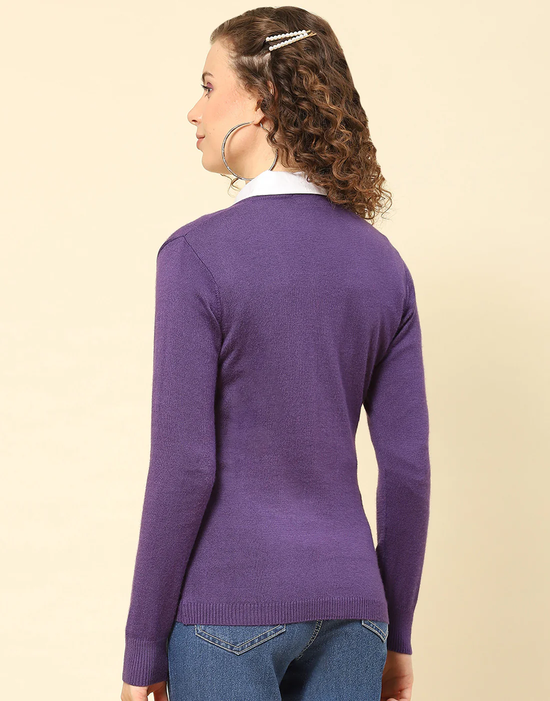 Women Maroon Solid V Neck Full Sleeve Cardigan - Image 5
