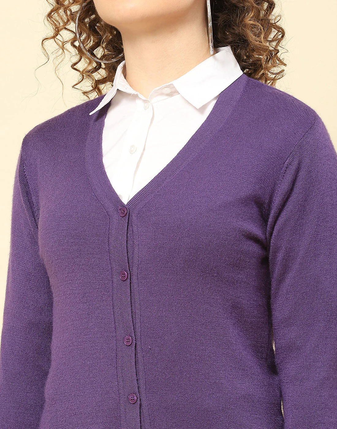 Women Maroon Solid V Neck Full Sleeve Cardigan - Image 6