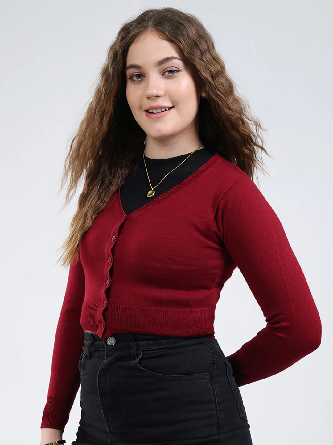 Women Maroon Solid V Neck Full Sleeve Cardigan - Image 3