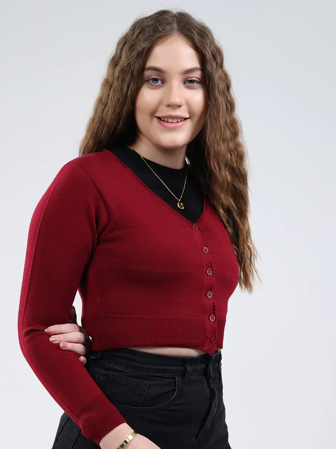 Women Maroon Solid V Neck Full Sleeve Cardigan - Image 4