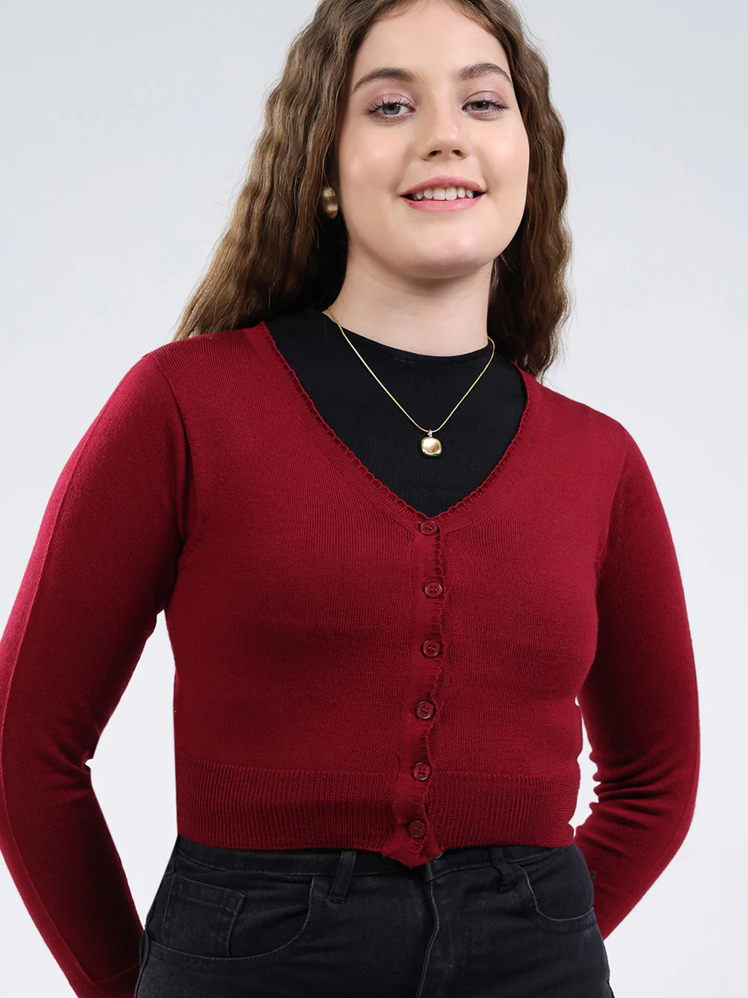 Women Maroon Solid V Neck Full Sleeve Cardigan - Image 7