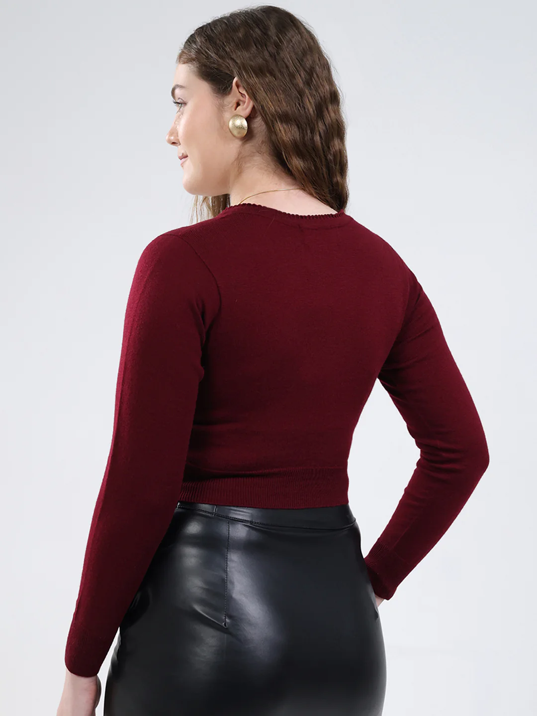 Women Maroon Solid V Neck Full Sleeve Cardigan - Image 5