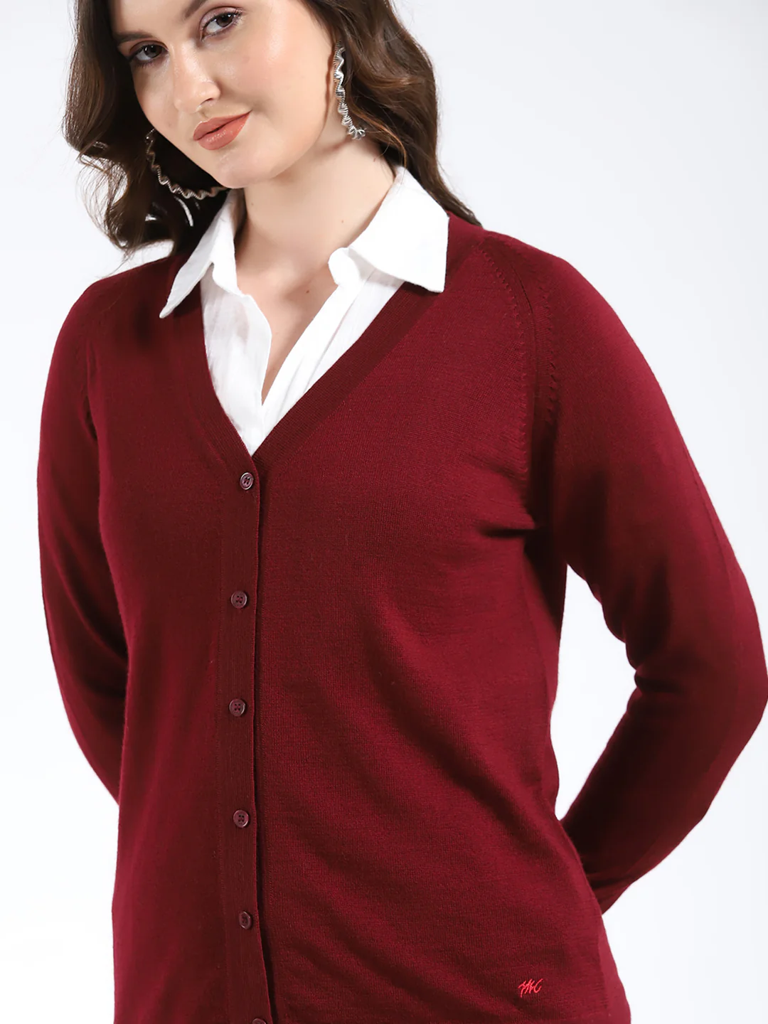 Women Maroon Solid V Neck Full Sleeve Cardigan - Image 6