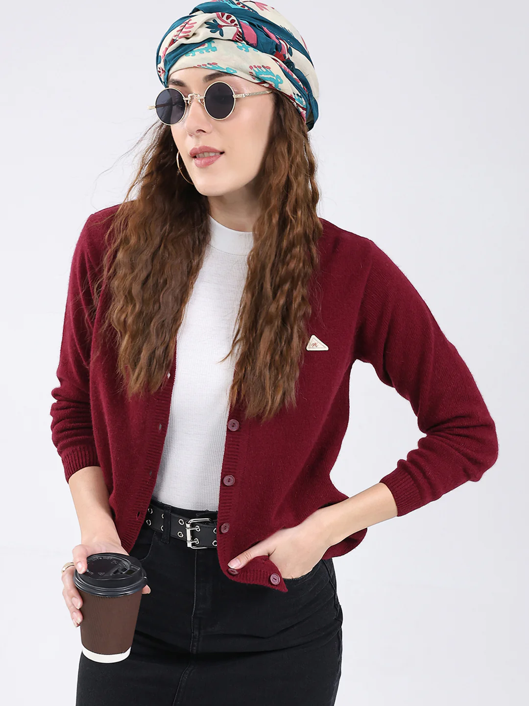 Women Maroon Solid V Neck Full Sleeve Cardigan - Image 6