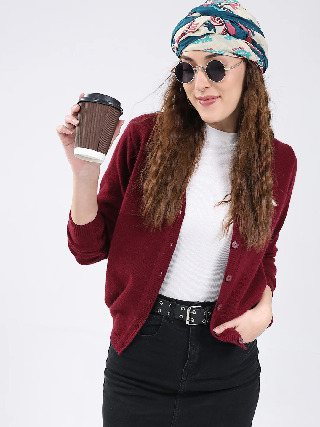 Women Maroon Solid V Neck Full Sleeve Cardigan - Image 7