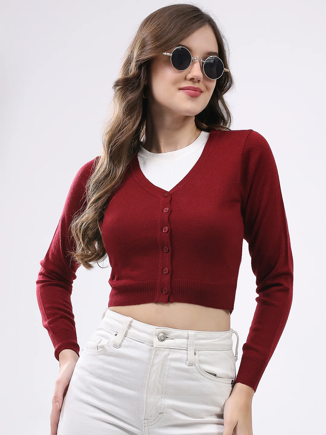 Women Maroon Solid V Neck Full Sleeve Cardigan - Image 6