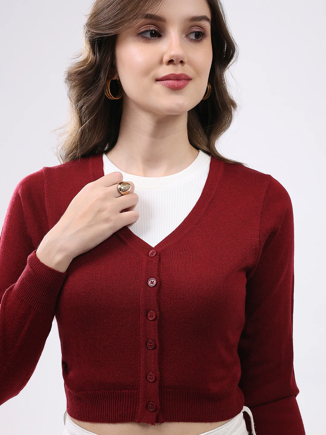 Women Maroon Solid V Neck Full Sleeve Cardigan - Image 7