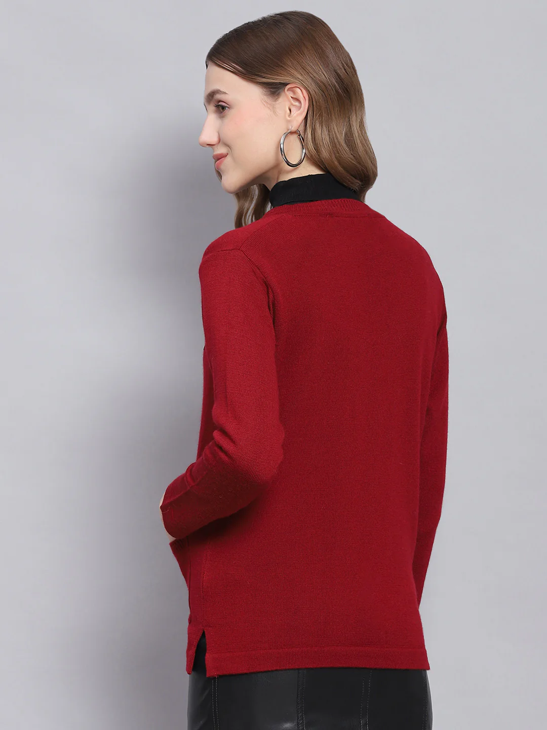Women Maroon Solid V Neck Full Sleeve Cardigans - Image 5