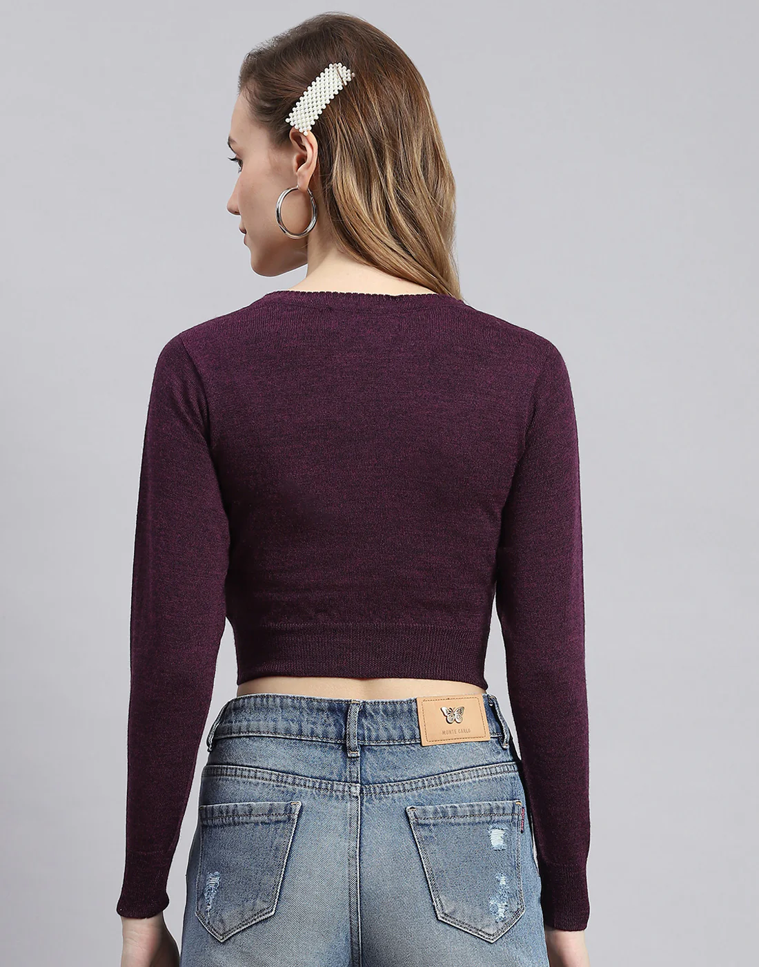 Women Maroon Solid V Neck Full Sleeve Sweater - Image 5
