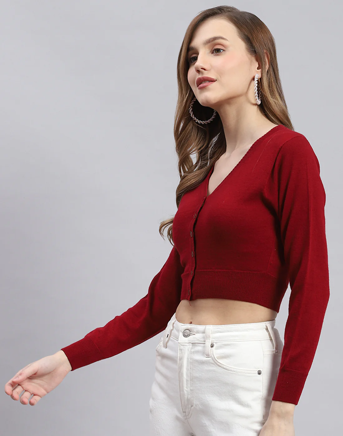 Women Maroon Solid V Neck Full Sleeve Sweater - Image 3