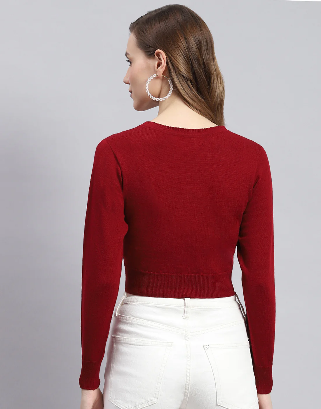 Women Maroon Solid V Neck Full Sleeve Sweater - Image 5