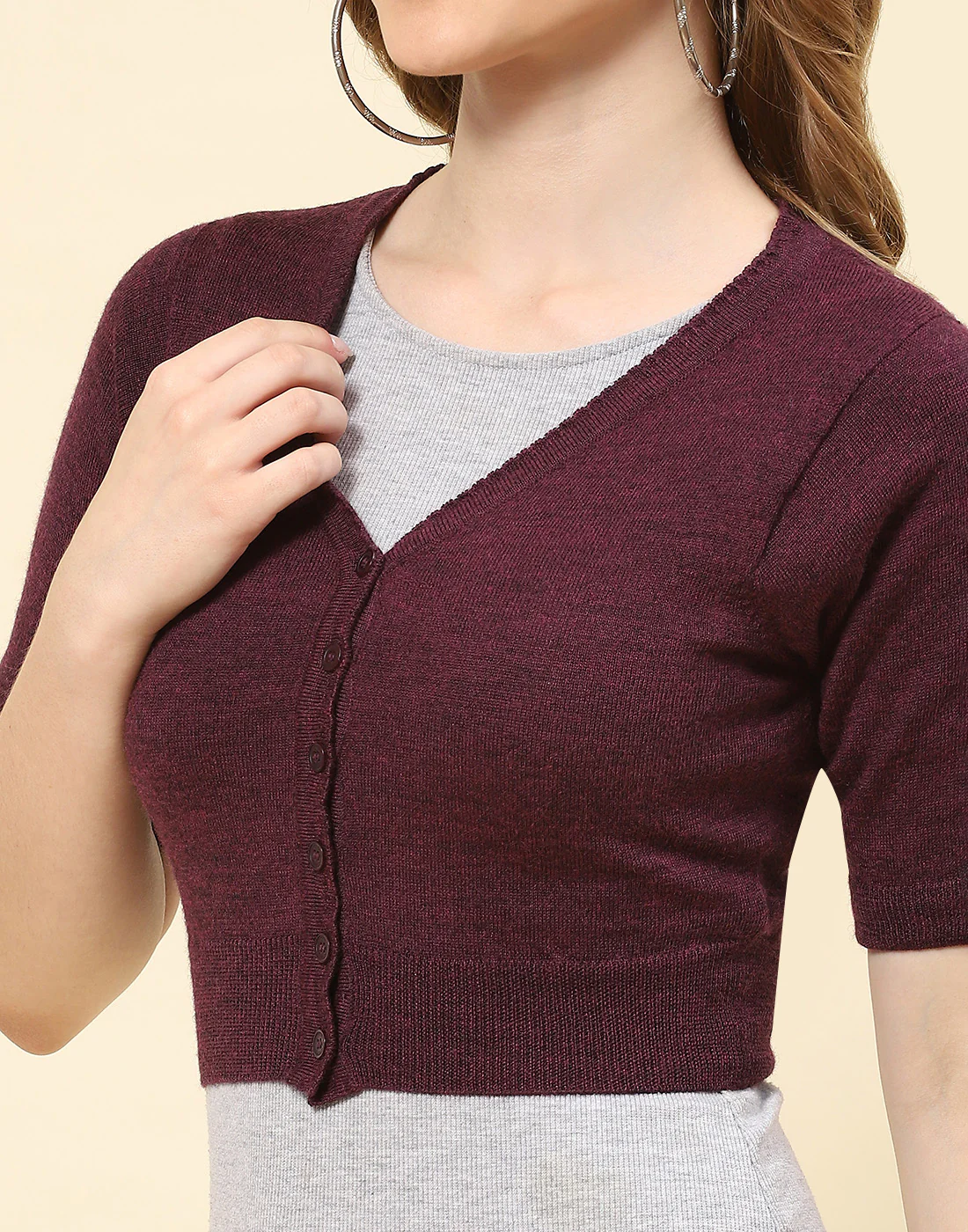 Women Maroon Solid V Neck Half Sleeve Blouse - Image 6