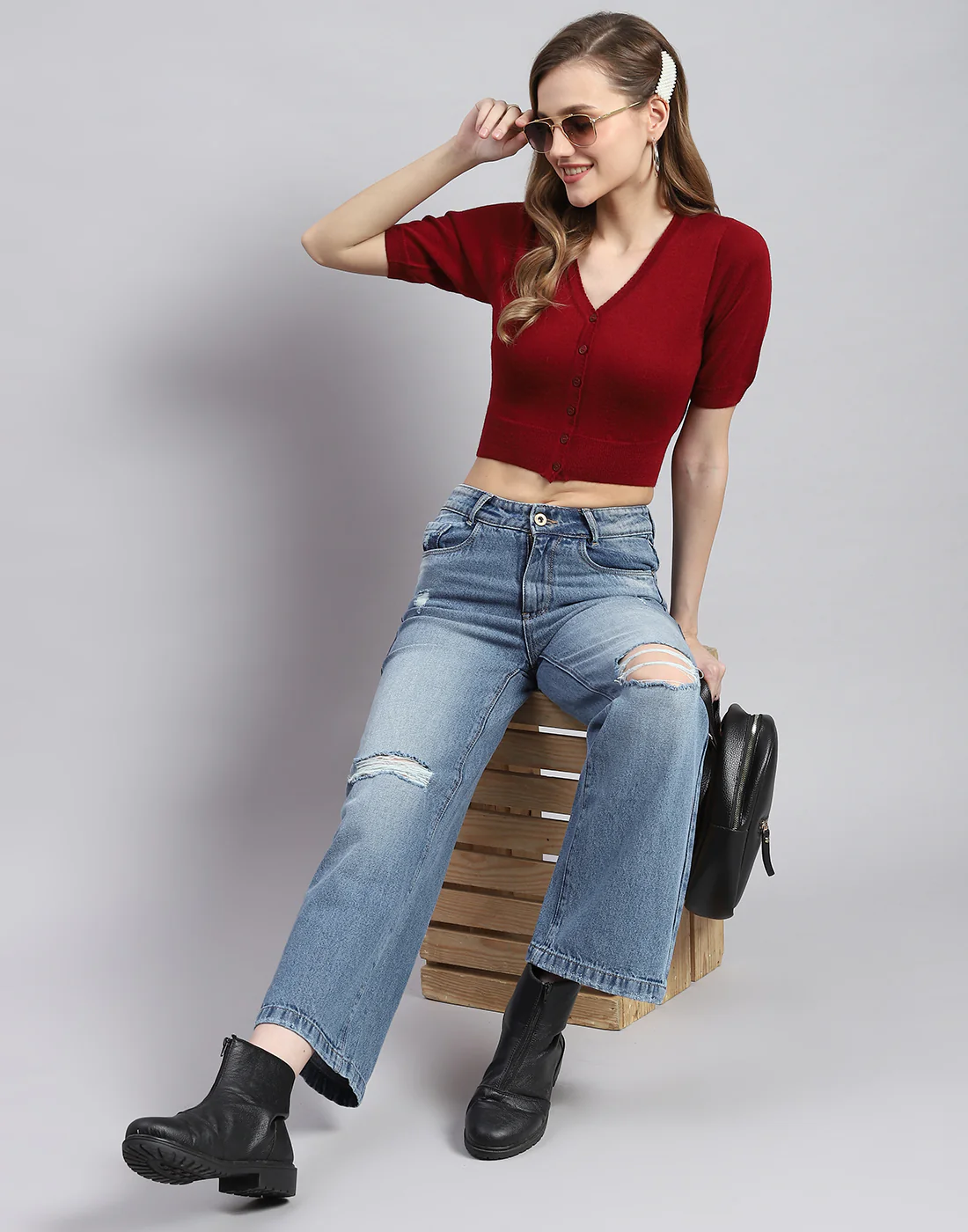 Women Maroon Solid V Neck Half Sleeve Blouse - Image 2