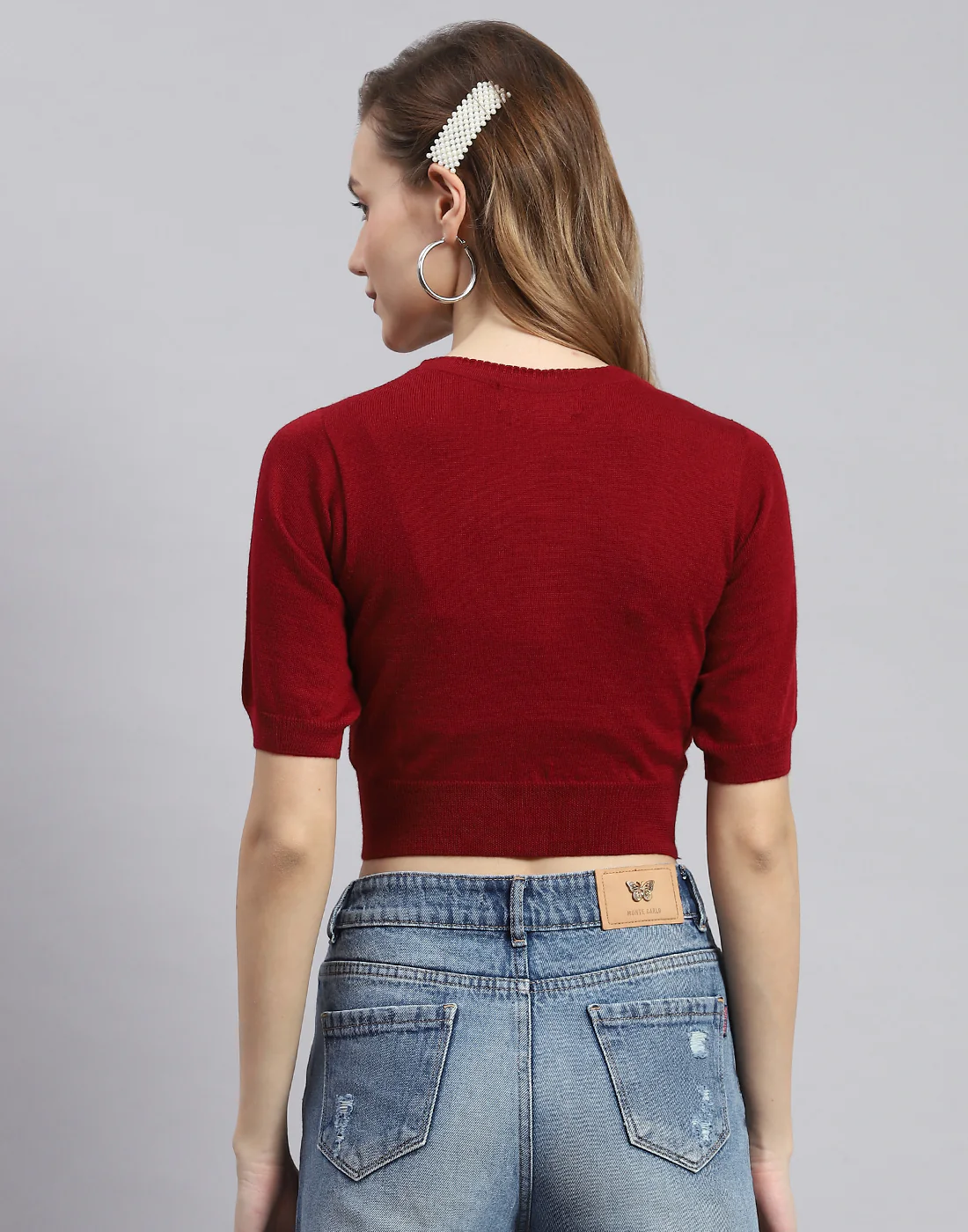 Women Maroon Solid V Neck Half Sleeve Blouse - Image 5