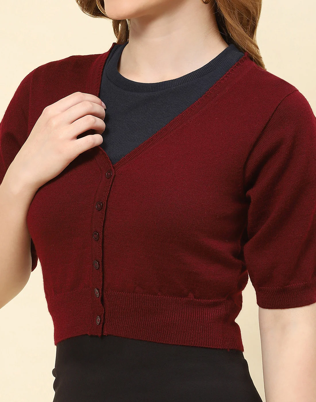 Women Maroon Solid V Neck Half Sleeve Blouse - Image 6
