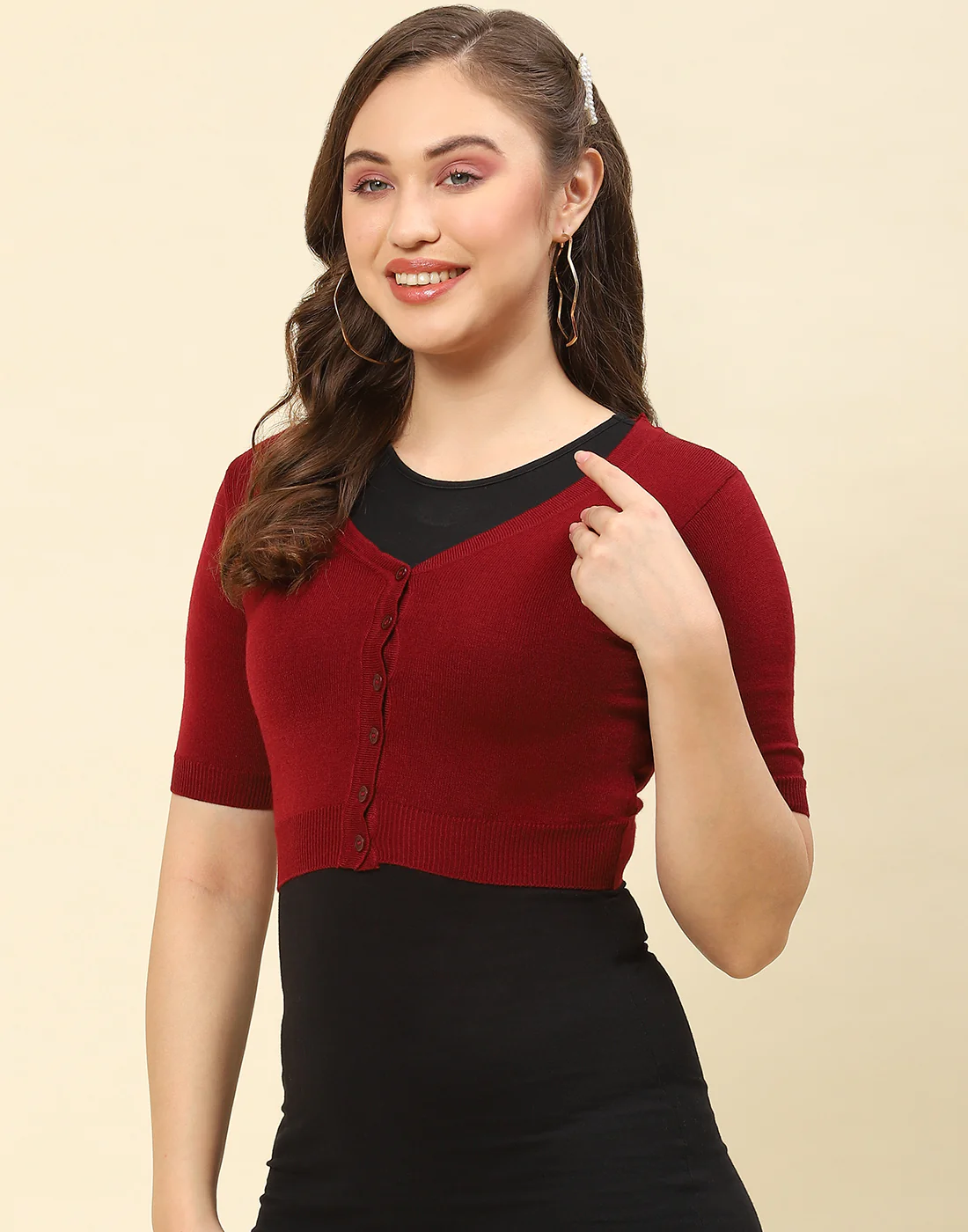Women Maroon Solid V Neck Half Sleeve Blouse - Image 3