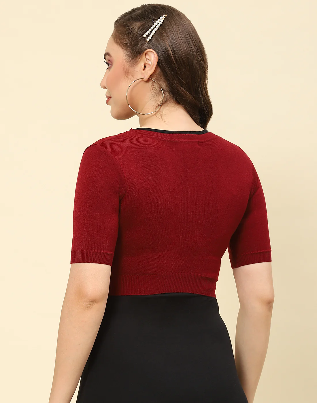 Women Maroon Solid V Neck Half Sleeve Blouse - Image 5